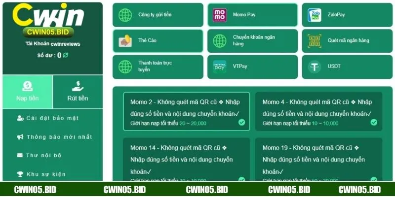 Các phương thức giao dịch hợp lệ tại CWIN 